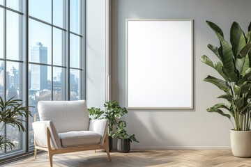 Poster Frame in Beige minimalist living room interior created with generative AI
