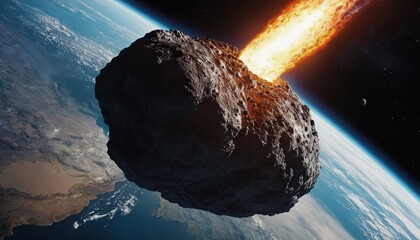 Burning meteorite in space flying towards the planet earth 94