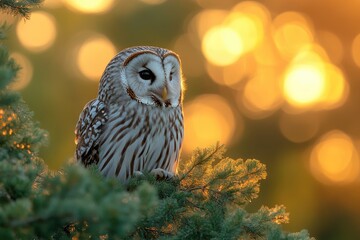 Beautiful ural owl perched on branch at sunset