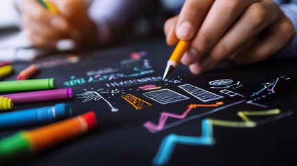 Fototapeta premium Close up of hand drawing on a black surface with colorful crayons.