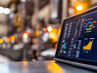 industrial automation dashboard with data visualization and charts on a monitor in a manufacturing factory.