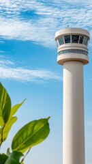 airport control tower with blue sky and clouds a symbol of aviation safety and efficiency.
