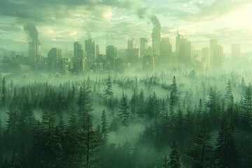Fototapeta premium double exposure Cityscape with Forest Overlay A bustling city skyline blended
