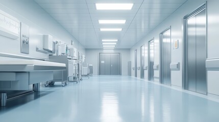 Fototapeta premium Modern Hospital Corridor Interior Design with Medical Equipment and Doors