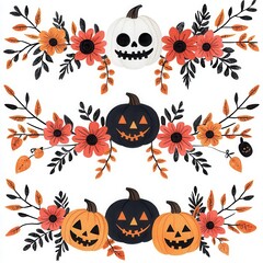 Watercolor ฺฺBoho Halloween ornament set, A vibrant Halloween floral arrangement featuring pumpkins, skulls, and autumn leaves, seasonal decor and festivities. Collection on white background 