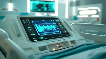 Futuristic Hospital Bed with Digital Monitor Displaying Vital Signs