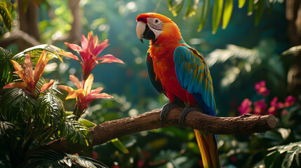 A colorful parrot perched on a branch in a lush tropical rainforest, surrounded by vibrant flowers