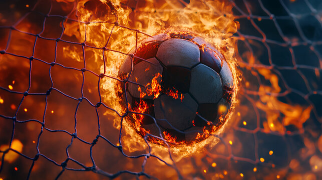Fiery Soccer Ball In Goal With Net In Flames
