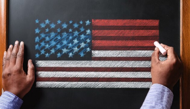 Close up of a man hand writing USA flag with colorful chalk on a blackboard