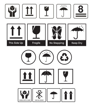 box signs, vector packaging sign industrial, fragile mark label, shipping mark, warning symbol set