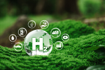 H2, Clean hydrogen energy concept on crystal globe. Environment. Eco-friendly industry. and...