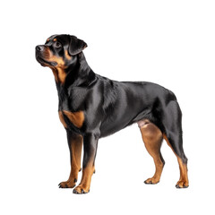 A majestic Rottweiler standing with a confident posture, showcasing its sleek black and tan coat.
