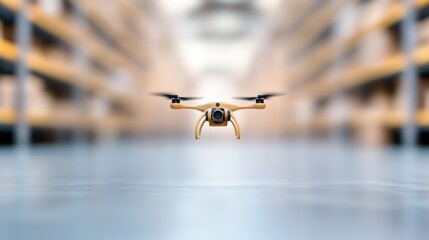 A drone delivering packages within a warehouse, illustrating the use of drones for efficient inventory management.