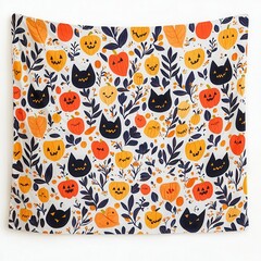 Fototapeta premium Boho Halloween ornament set, Colorful Halloween pattern featuring pumpkins, black cats, and autumn leaves, for festive decorations and themed events. Collection on white background 
