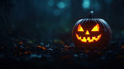 Futuristic Hologram Pumpkin Digital Carvings in Glowing Tech-Infused Landscape with Copy Space, Selective Focus, Ultra HD