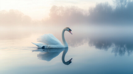 Obraz premium A serene white swan gliding across a calm, misty lake at dawn, with reflections on the water