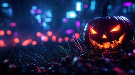 Glitchy Cyberpunk Jack-o'-Lantern in Neon Cityscape with Futuristic Ambiance and Copy Space, Selective Focus, Ultra HD