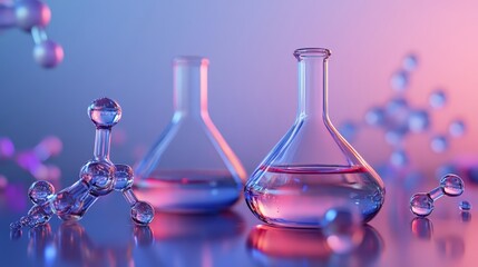 Glass Flasks with Chemical Structures in Pink and Blue Light