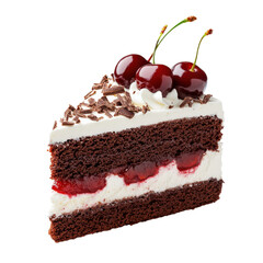 Delicious slice of chocolate cherry cake with rich cream and fresh cherries, perfect for desserts and celebrations.