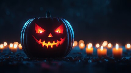 Naklejka premium Sinister Jack-O'-Lantern with Glowing Red Eyes Surrounded by Flickering Candles in Ultra HD â€“ Halloween Horror Concept with Copy Space