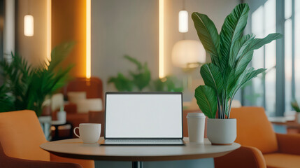 Fototapeta premium Upscale Coworking Lounge With Laptop Showing White Screen Mockup For Custom Digital Marketing Campaigns . Generative ai