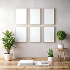 Fototapeta premium Modern gallery wall mockup with six empty frames. perfect for showcasing your designs. artwork. or photography.