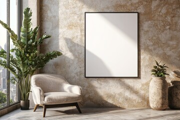 Poster Frame in Beige minimalist living room interior created with generative AI