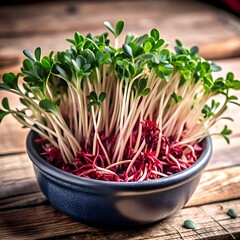 A close up shot of fresh. vibrant alfalfa sprouts in a dark gray bowl.
