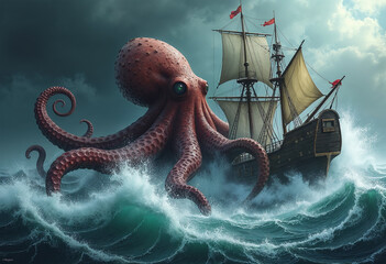 Giant octopus attacking a ship amid stormy seas, creating a dramatic and frightening ocean battle scene.