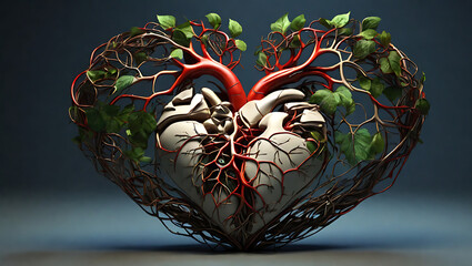 An abstract 3D representation of a human heart made entirely of intertwining roots and vines, symbolizing the connection between nature and human emotions.

