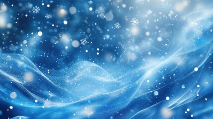 Snowflakes Falling on Frosty Winter Wonderland - A magical scene of delicate snowflakes falling over sparkling frost, set against a soft blue winter background.