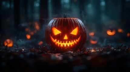 Sinister Jack-o'-lantern in Misty Forest - Halloween Decoration with Copy Space, Ultra HD Quality