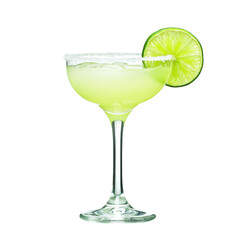 Refreshing margarita cocktail in a glass with salt rim and lime slice on white background, perfect for summer parties and events.