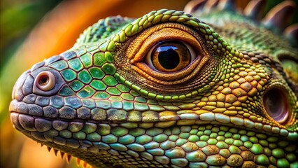 Close up shot of a lizard's face showing intricate details of its scales and eyes