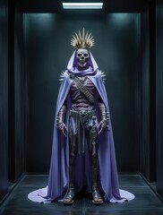 Fototapeta premium full body establishing shot of a ultraviolet opalescent cloaked undead warrior, wearing a golden spiky crown, platinum accessories adorned, in an enclosed dark chamber, post apocalyptic, horror core