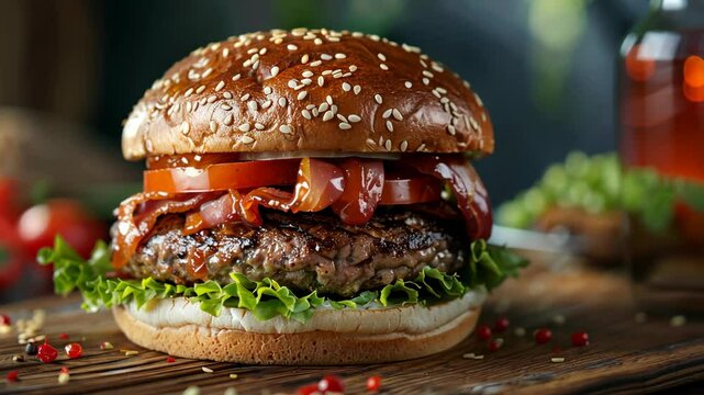 Juicy gourmet burger with crispy bacon and fresh toppings served outdoors at a vibrant summer barbecue
