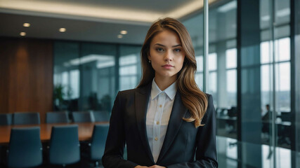 girl formal wear in Glass walled conference room background