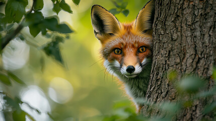 Fototapeta premium A curious fox peeking out from behind a forest tree, with its bright orange fur