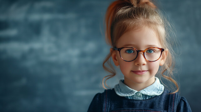 Cute child girl in school uniform and glasses. Go to school for the first time, Kid in class room near chalkboard