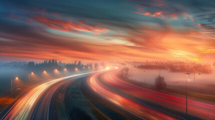 Highway Through Misty Sunrise