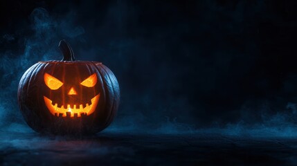 Eerie Jack-o'-Lantern Glowing in Misty Darkness with Copy Space, Halloween Decoration, Spooky Atmosphere, Ultra HD Close-Up