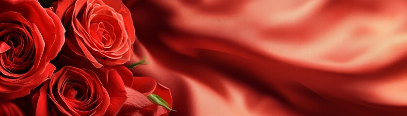 Red Roses on Red Satin Fabric Background