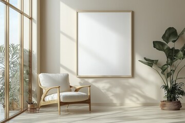 Poster Frame in Beige minimalist living room interior created with generative AI