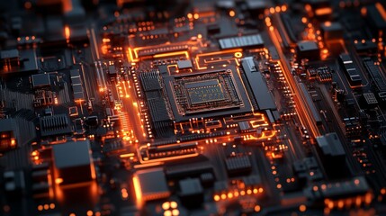 Obraz premium Cross-section of a beryllium copper circuit, ultra-detailed rendering, copper tones contrasted with deep black, wireframe and glowing digital elements, futuristic industrial style