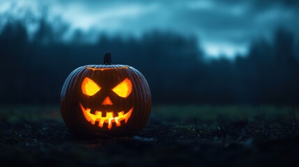 Spooky Pumpkin in Haunted Forest under Stormy Sky - Halloween Concept with Copy Space for Text in Ultra HD