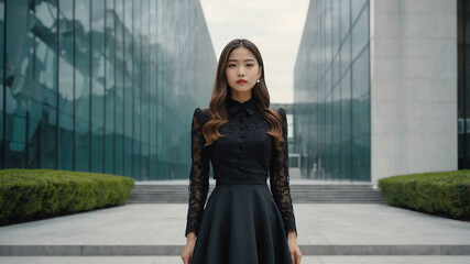 Fototapeta premium girl formal wear in Modern art museum exterior background