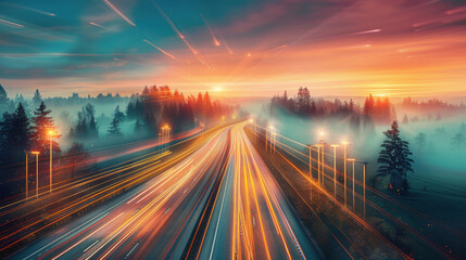 Highway at Sunset with Light Trails
