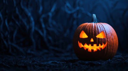 Naklejka premium Spooky Pumpkin with Creepy Face in Dark Forest Halloween Scene - Ultra HD