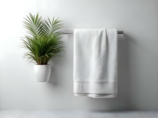 A clean and minimalist bathroom design featuring a white towel hanging on a chrome towel rack and a potted plant.