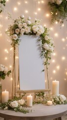 Fototapeta premium A 24x36 inch blank white paper set on an minimalist gold metal easel. Let the realistic light beams hit this pure white canvas with no writing on it and create a pleasant shadow.